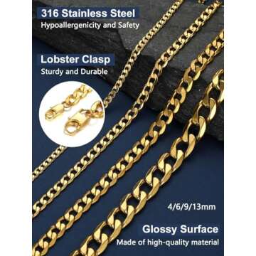 Mens Gold Necklace Chain Cuban Curb Link Chain Stainless Steel Jewelry 18K Gold Plated 24 inch