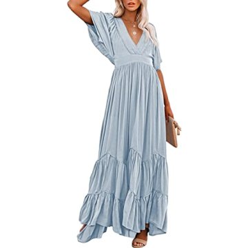 Meenew Ruffle Short Sleeve Maxi Dress Blue for Women