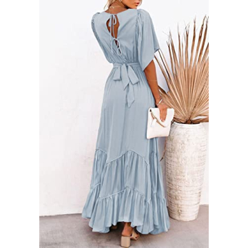 Meenew Ruffle Short Sleeve Maxi Dress Blue for Women