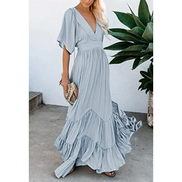 Meenew Ruffle Short Sleeve Maxi Dress Blue for Women