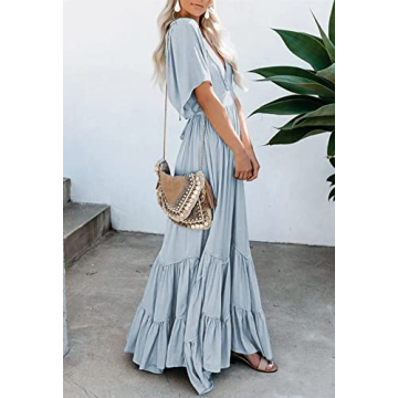 Meenew Ruffle Short Sleeve Maxi Dress Blue for Women