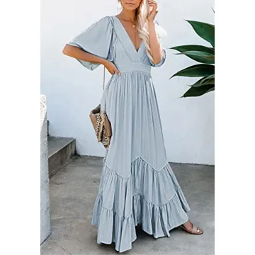 Meenew Ruffle Short Sleeve Maxi Dress Blue for Women