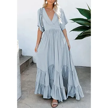 Meenew Ruffle Short Sleeve Maxi Dress Blue for Women
