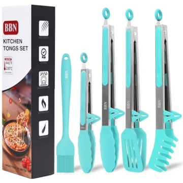 BBN 5pcs Silicone Tongs Set - Kitchen Utensils for Cooking with Non-Slip Grip - Heat Resistant Silic...