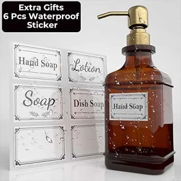 GLADPURE Soap Dispenser 2 Pack, Hand Soap Dispensers with 18 Oz Antique Design Thick Amber Glass Bottle, 316 Rust Proof Stainless Steel Pump, 6Pcs Stickers, for Lotion, Soap - Brushed Gold