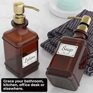 GLADPURE Soap Dispenser 2 Pack, Hand Soap Dispensers with 18 Oz Antique Design Thick Amber Glass Bottle, 316 Rust Proof Stainless Steel Pump, 6Pcs Stickers, for Lotion, Soap - Brushed Gold