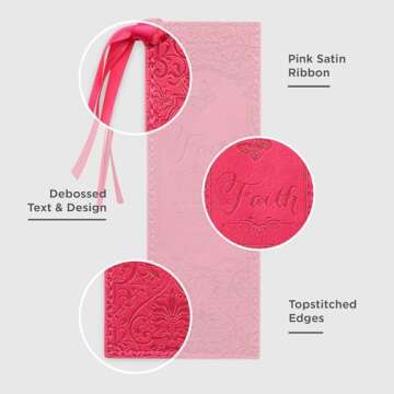 Christian Art Gifts Premium Vegan Faux Leather Scripture Bookmark for Women: Faith - Hebrews 11:1 Inspirational Bible Verse, Heat-Debossed, Faith-Based Reading Book Accessory with Tassel, Floral Pink