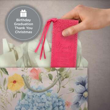 Christian Art Gifts Premium Vegan Faux Leather Scripture Bookmark for Women: Faith - Hebrews 11:1 Inspirational Bible Verse, Heat-Debossed, Faith-Based Reading Book Accessory with Tassel, Floral Pink