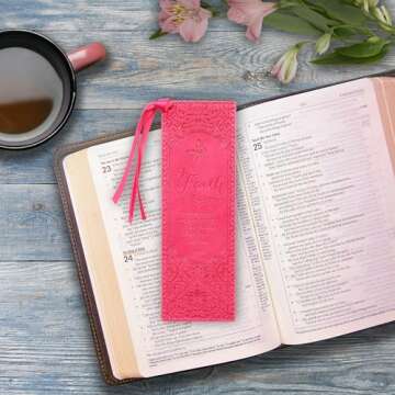 Christian Art Gifts Premium Vegan Faux Leather Scripture Bookmark for Women: Faith - Hebrews 11:1 Inspirational Bible Verse, Heat-Debossed, Faith-Based Reading Book Accessory with Tassel, Floral Pink