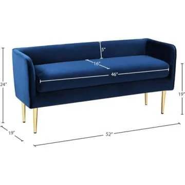 Meridian Furniture Audrey Collection Modern | Contemporary Velvet Upholstered Bench with Sturdy Metal Legs in Gold Finish, 52" W x 19" D x 24" H, Navy