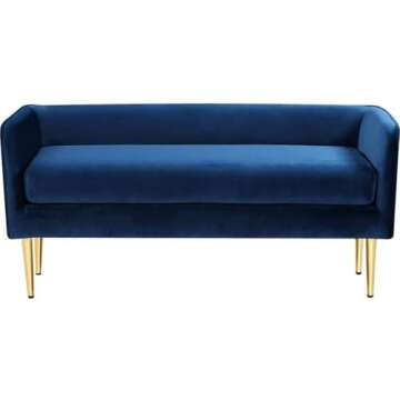 Meridian Furniture Audrey Collection Modern | Contemporary Velvet Upholstered Bench with Sturdy Metal Legs in Gold Finish, 52" W x 19" D x 24" H, Navy