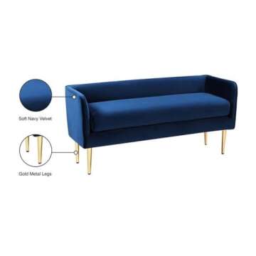 Meridian Furniture Audrey Collection Modern | Contemporary Velvet Upholstered Bench with Sturdy Metal Legs in Gold Finish, 52" W x 19" D x 24" H, Navy