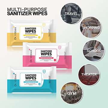 Dr. YERMA 70% Alcohol Hand Sanitizer Wipes with Aloe Vera & Extra Moisturizers, 10 Packs of 20 (200 wipes) Travel Size, Vegan Flower Scented, Eliminates 99.9% of Germs