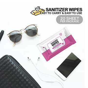 Dr. YERMA 70% Alcohol Hand Sanitizer Wipes with Aloe Vera & Extra Moisturizers, 10 Packs of 20 (200 wipes) Travel Size, Vegan Flower Scented, Eliminates 99.9% of Germs