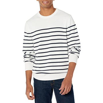 Amazon Essentials Men's 100% Cotton Crewneck Sweater - Navy White Stripe, Big & Tall
