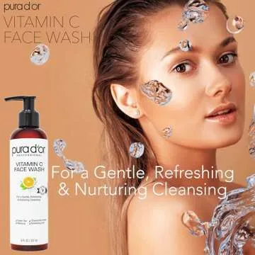 PURA D'OR 8 Oz Vitamin C Face Wash - Antioxidant Rich Facial Cleanser For Radiant Glow & Even Skin Tone - Gentle, Refreshing, Nurturing, Hydrating - Sulfate & Paraben Free - All Skin Types