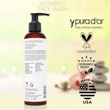 PURA D'OR 8 Oz Vitamin C Face Wash - Antioxidant Rich Facial Cleanser For Radiant Glow & Even Skin Tone - Gentle, Refreshing, Nurturing, Hydrating - Sulfate & Paraben Free - All Skin Types