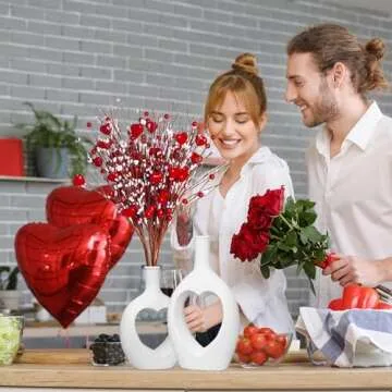 Hismir White Ceramic Heart Shaped Hollow Vase Set of 2，Valentine Table Flower Vase for Home Decora...