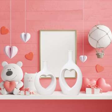 Hismir White Ceramic Heart Shaped Hollow Vase Set of 2，Valentine Table Flower Vase for Home Decoration，Gift for Girl Women Her Mom on Valentine's Day Mothers Day Christmas Birthday Anniversary Wedding