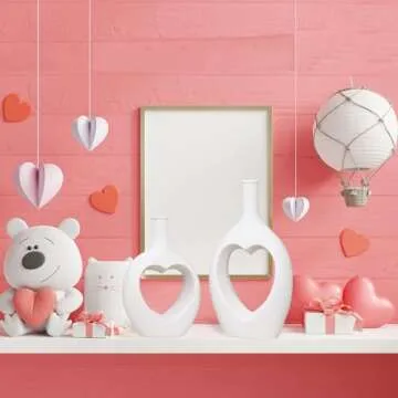 Hismir White Ceramic Heart Shaped Hollow Vase Set of 2，Valentine Table Flower Vase for Home Decoration，Gift for Girl Women Her Mom on Valentine's Day Mothers Day Christmas Birthday Anniversary Wedding