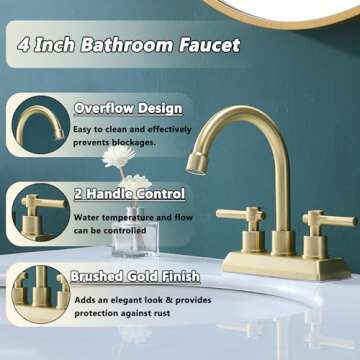 VESLA HOME Modern 2 Handle 4 Inch Centerset Brushed Gold Bathroom Faucet,Lavatory Swivel Spout Vanity Bathroom Sink Faucet with Water Supply Lines & Pop-up Drain