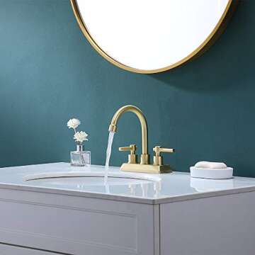VESLA HOME Modern 2 Handle 4 Inch Centerset Brushed Gold Bathroom Faucet,Lavatory Swivel Spout Vanity Bathroom Sink Faucet with Water Supply Lines & Pop-up Drain