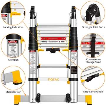 TIQTAK One Button Retractable A Frame Extension Ladder 16.5 ft with Stabilizer Adjustable Height Aluminum Telescoping Collapsible Ladder with Rolling Wheels Heavy Duty 330 lb Capacity for Household