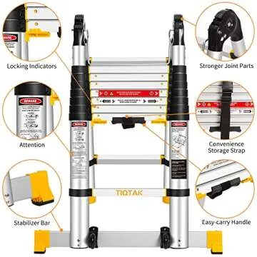 TIQTAK One Button Retractable A Frame Extension Ladder 16.5 ft with Stabilizer Adjustable Height Aluminum Telescoping Collapsible Ladder with Rolling Wheels Heavy Duty 330 lb Capacity for Household