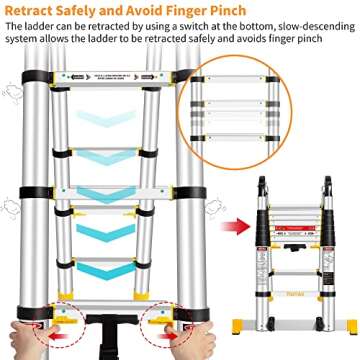 TIQTAK One Button Retractable A Frame Extension Ladder 16.5 ft with Stabilizer Adjustable Height Aluminum Telescoping Collapsible Ladder with Rolling Wheels Heavy Duty 330 lb Capacity for Household