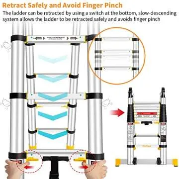 TIQTAK One Button Retractable A Frame Extension Ladder 16.5 ft with Stabilizer Adjustable Height Aluminum Telescoping Collapsible Ladder with Rolling Wheels Heavy Duty 330 lb Capacity for Household