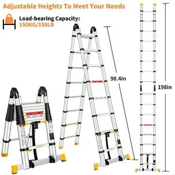 TIQTAK One Button Retractable A Frame Extension Ladder 16.5 ft with Stabilizer Adjustable Height Aluminum Telescoping Collapsible Ladder with Rolling Wheels Heavy Duty 330 lb Capacity for Household