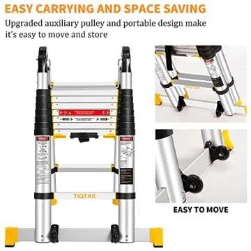 TIQTAK One Button Retractable A Frame Extension Ladder 16.5 ft with Stabilizer Adjustable Height Aluminum Telescoping Collapsible Ladder with Rolling Wheels Heavy Duty 330 lb Capacity for Household