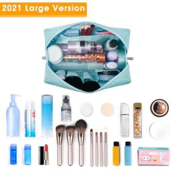 Narwey Cute Makeup Bag Travel Cosmetic Bag Organizer Toiletry Bag Make Up Bags with Compartments for Women Girls (Large, Sky Blue)