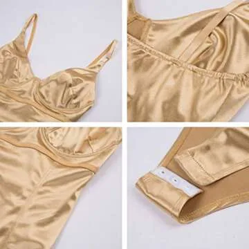 Velius Women's Sexy Deep V Neck Shiny Thong Bodysuit Tank Tops with Underwire (Gold, Medium)