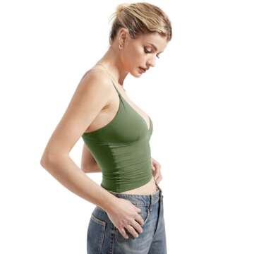 SUUKSESS Women Sexy Deep V Neck Sleeveless Fitted Basic Tops Y2K Going Out Crop Tank Top Camisole (Army Green,L)