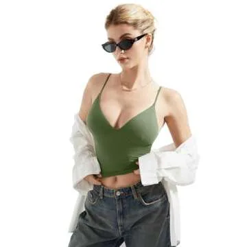 SUUKSESS Women Sexy Deep V Neck Sleeveless Fitted Basic Tops Y2K Going Out Crop Tank Top Camisole (Army Green,L)