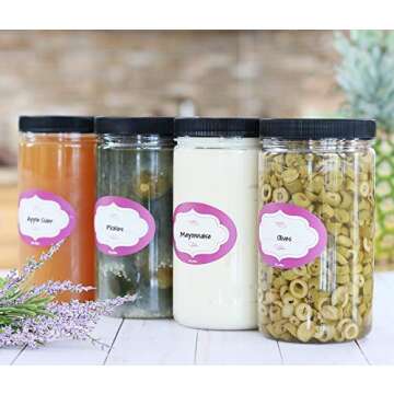 DilaBee 32 Oz Plastic Jars with Lids and Labels - 6 Pack Clear Storage Containers with Airtight Lids for Food, Kitchen Pantry, Home Organization and More
