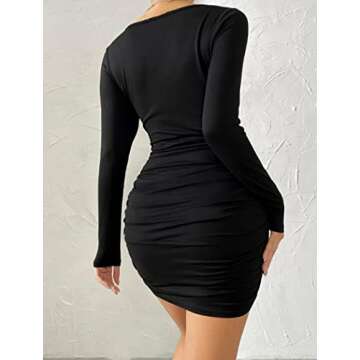 Hotouch Womens V Neck Long Sleeve Bodycon Dress Ribbed Slim Fit Ruched Stretchy Party Club Short Mini Dress S-XXL Black X-Large