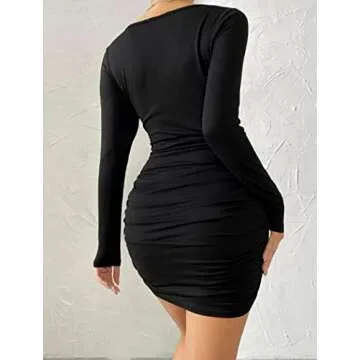 Hotouch Womens V Neck Long Sleeve Bodycon Dress Ribbed Slim Fit Ruched Stretchy Party Club Short Mini Dress S-XXL Black X-Large