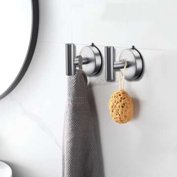 DGYB Large Suction Cup Hooks for Shower Set of 2 Brushed Nickel Towel Hooks for Bathrooms Stainless ...