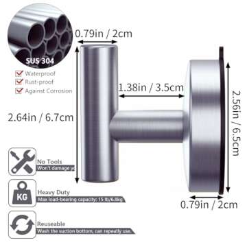 DGYB Large Suction Cup Hooks for Shower Set of 2 Brushed Nickel Towel Hooks for Bathrooms Stainless Steel Suction Shower Hooks for Inside Shower 15 Lb Removable Wall Hooks for Hanging Heavy Duty