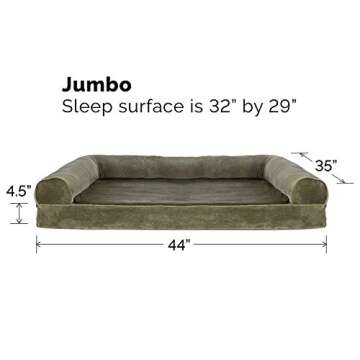 Furhaven Orthopedic Dog Bed for Large Dogs w/ Removable Bolsters & Washable Cover, For Dogs Up to 95 lbs - Faux Fur & Velvet Sofa - Dark Sage, Jumbo/XL