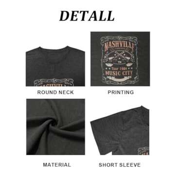 Women Nashville Shirts Vintage Rock Country Music T Shirt Short Sleeve Summer Tops(Dark Gray,M)