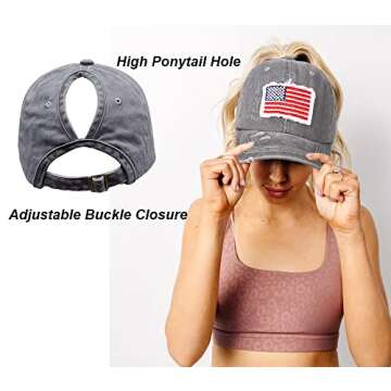 Distressed Ponytail Hat for Women American-Flag Pony Tail Caps High Bun Grey