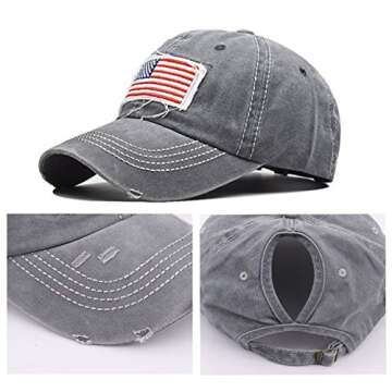 Distressed Ponytail Hat for Women American-Flag Pony Tail Caps High Bun Grey