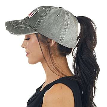 Distressed Ponytail Hat for Women American-Flag Pony Tail Caps High Bun Grey