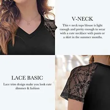 POKWAI Women's V Neck Lace T Shirt for Chic Comfort