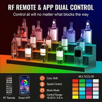 VEVOR LED Lighted Liquor Bottle Display, 3 Tiers 40 Inches, Supports USB, Illuminated Home Bar Shelf with RF Remote & App Control 7 Static Colors 1-4 H Timing, Acrylic Lighted Shelf for 30 Bottles