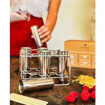 Ecozoi Stainless Steel Popsicle Molds, 6 Metal Ice Popsicle Makers, 30 Reusable Bamboo Sticks, 12 Silicone Seals and 1 Rack, Eco Popsicle Molds for Kids and Adults, 3 oz Per Mold (Round)