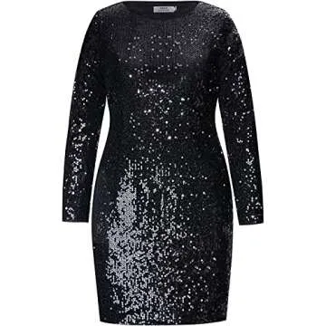 Pinup Fashion Plus Size Sequin Dresses Black Long Sleeve New Year Party Sparkle Sparkly Cocktail Gli...